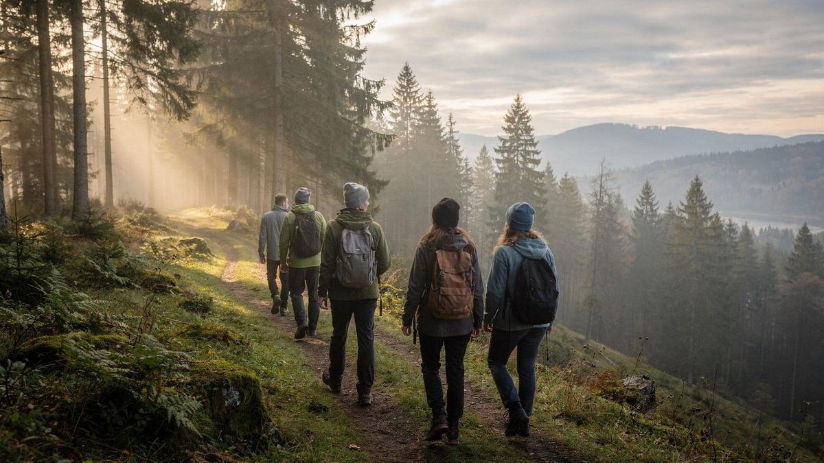Retreat guests walking a forest path above the Prut valley near Yaremche