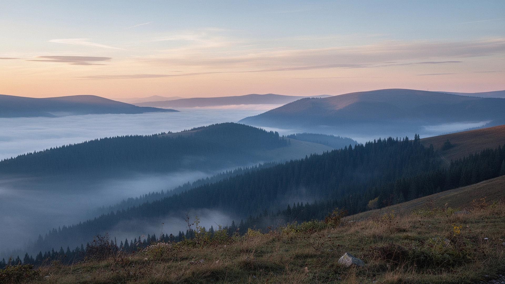 Carpathian ridge at dawn with mist drifting over a forested valley